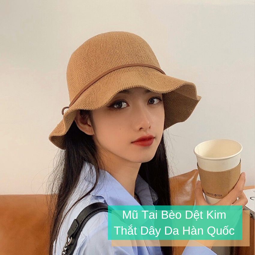 Mũ tai bèo dệt kim thắt dây da Hàn Quốc