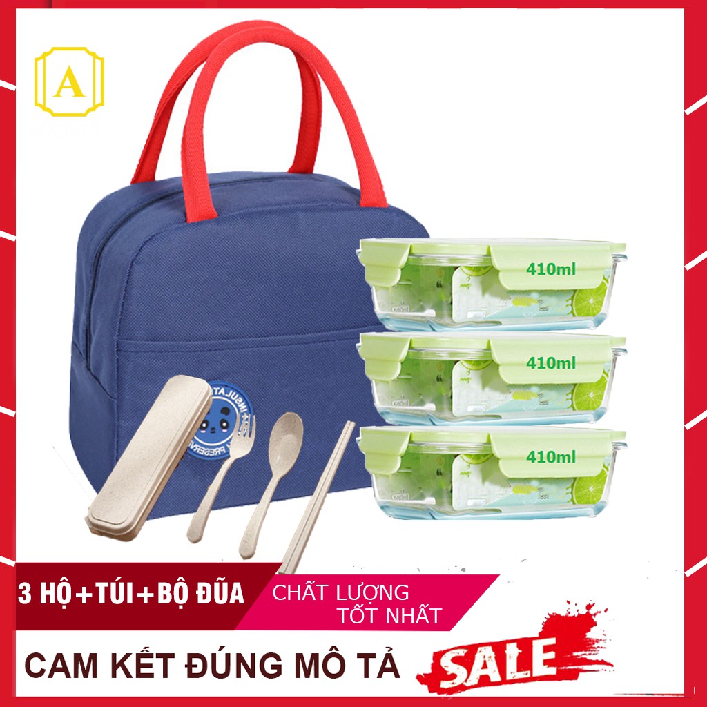 Bộ hộp cơm thủy tinh cường lực gồm 3 hộp thủy tinh 410ml không chia ngăn, Túi đựng và bộ đũa