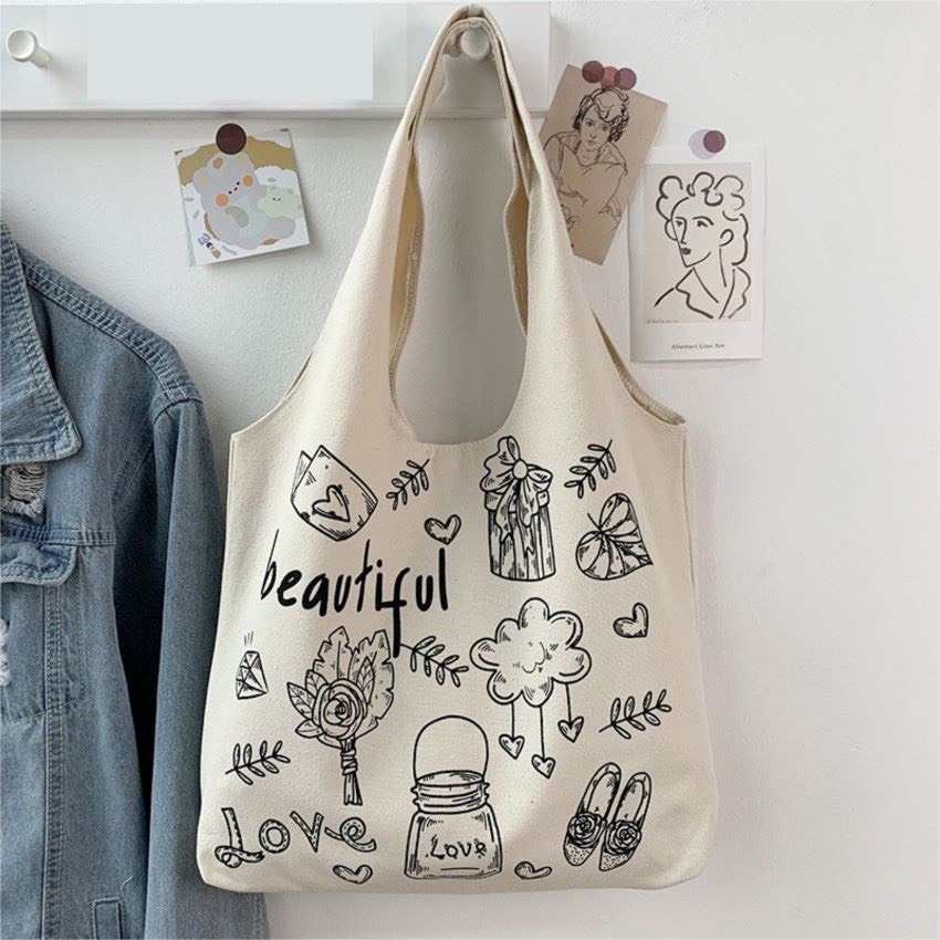 Túi tote túi vải canvas phong cách Hàn quốc, trẻ trung, cá tính nhiều họa tiết phù hợp với đi học đi làm đi chơi