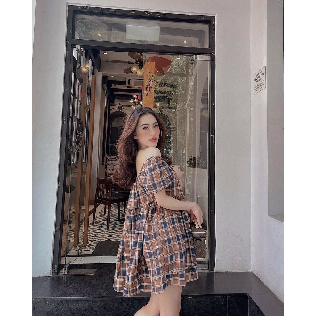 đầm babyroll sọc kẻ caro kiểu bệt vai