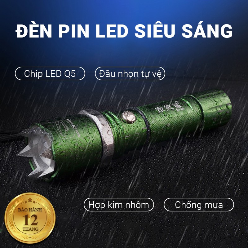 Đèn pin LED siêu sáng chip LED Q5 chống nước IPX6 chất liệu hợp kim nhôm cứng cáp chống rơi vỡ, 3 chế độ chiếu sáng