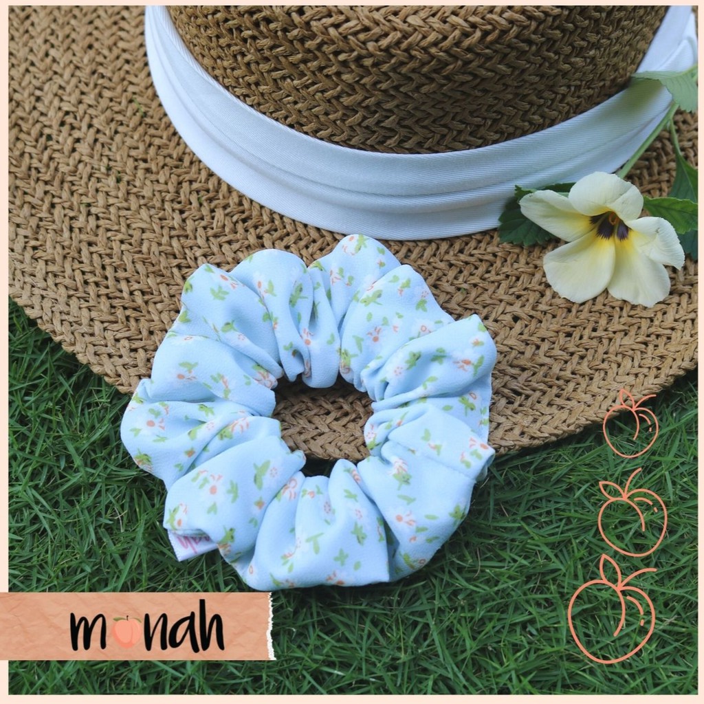 Dây cột tóc, buộc tóc scrunchie voan hoa xanh hoạ tiết nhẹ nhàng thanh lịch