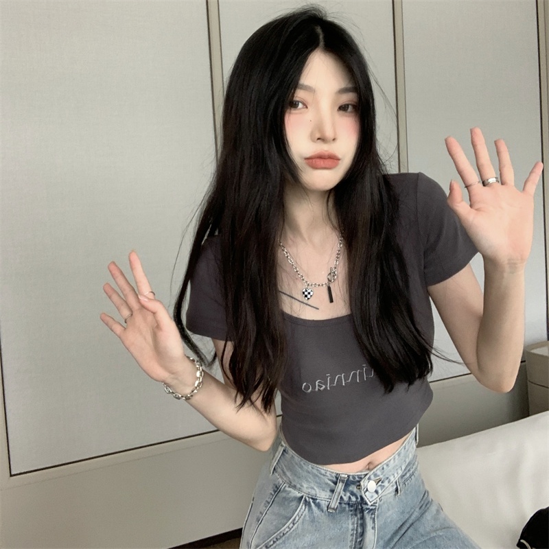 NUZIRO Áo Croptop Tay Ngắn Cổ Vuông Phong Cách Retro Hàn Quốc Cho Nữ