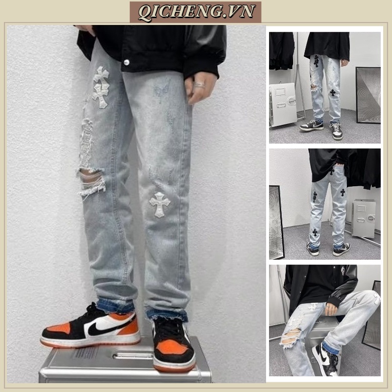 Quần Jean Dài Cắt Thẳng quần jean ống suông In Chữ quần jean nam Thập Đơn Giản quần bò nữ Phong Cách Hip Hop Mỹ Hàng quần bò nam rách gối