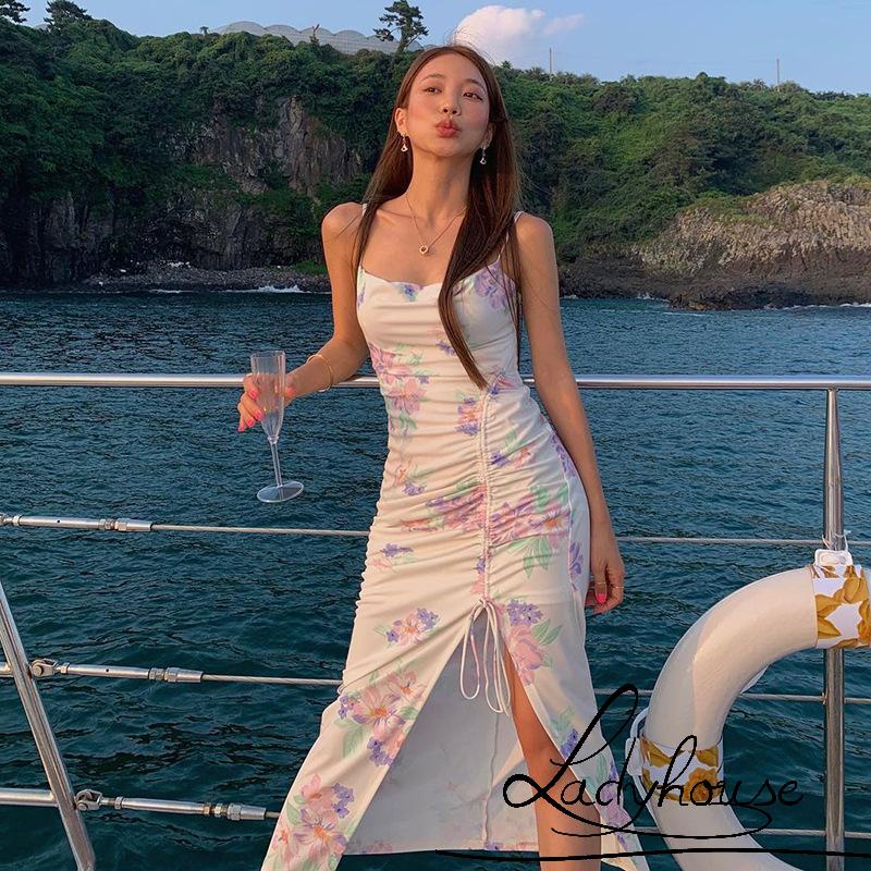 Ldd-đầm Dài Hai Dây Rút Eo Cao Xẻ Tà Cao In Họa Tiết Hoa Cho Nữ