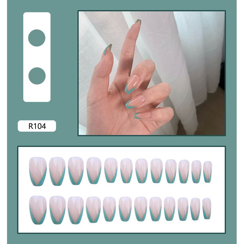 Bộ 24 móng tay giả trong suốt viền xanh dương  SẴN KEO DÁN