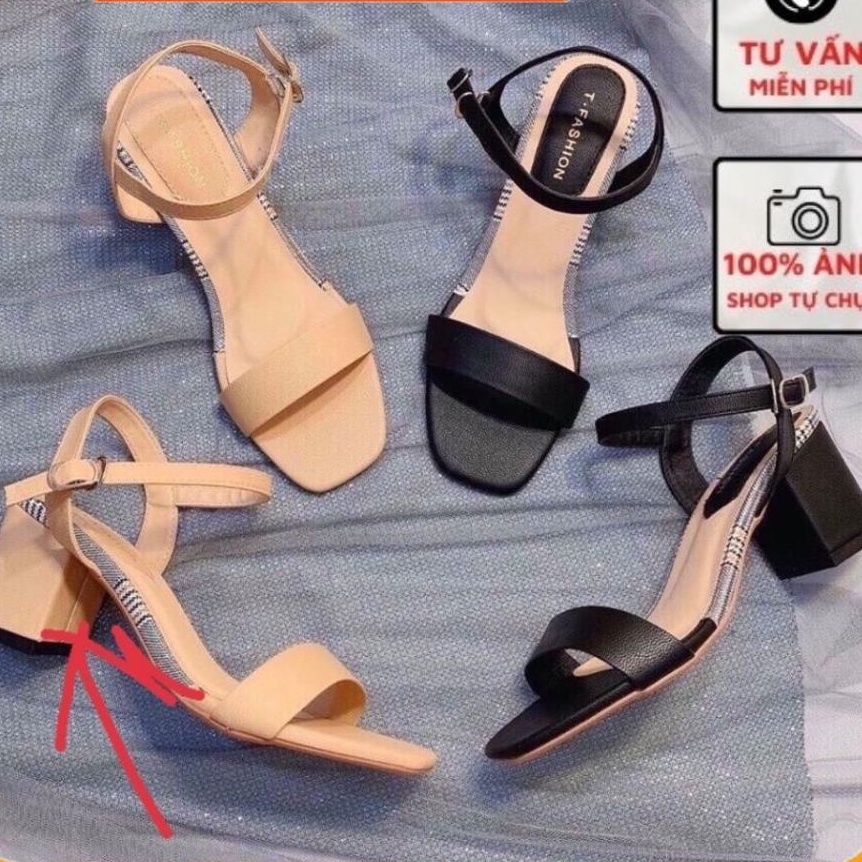 Giày Cao Gót Guốc Sandal Nữ Gót Vuông Viền Kẻ Quai Ngang 5P Hàng Cao Cấp Mã N9