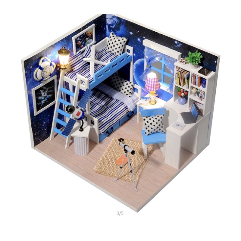 (Tặng mica,keo sữa,đèn)Mô hình gỗ bé tư lăp ráp diy doll house Nhà búp bê phong cách nhật bản Q005