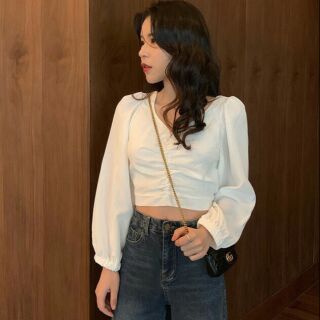 Áo croptop nhún ngực tay phồng