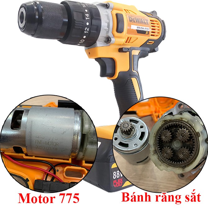 Máy khoan pin Dewalt 38V 100% lõi đồng, 3 chức năng, Motor 775, đầu Auto Lock - Tặng mũi khoan tường và mũi vít