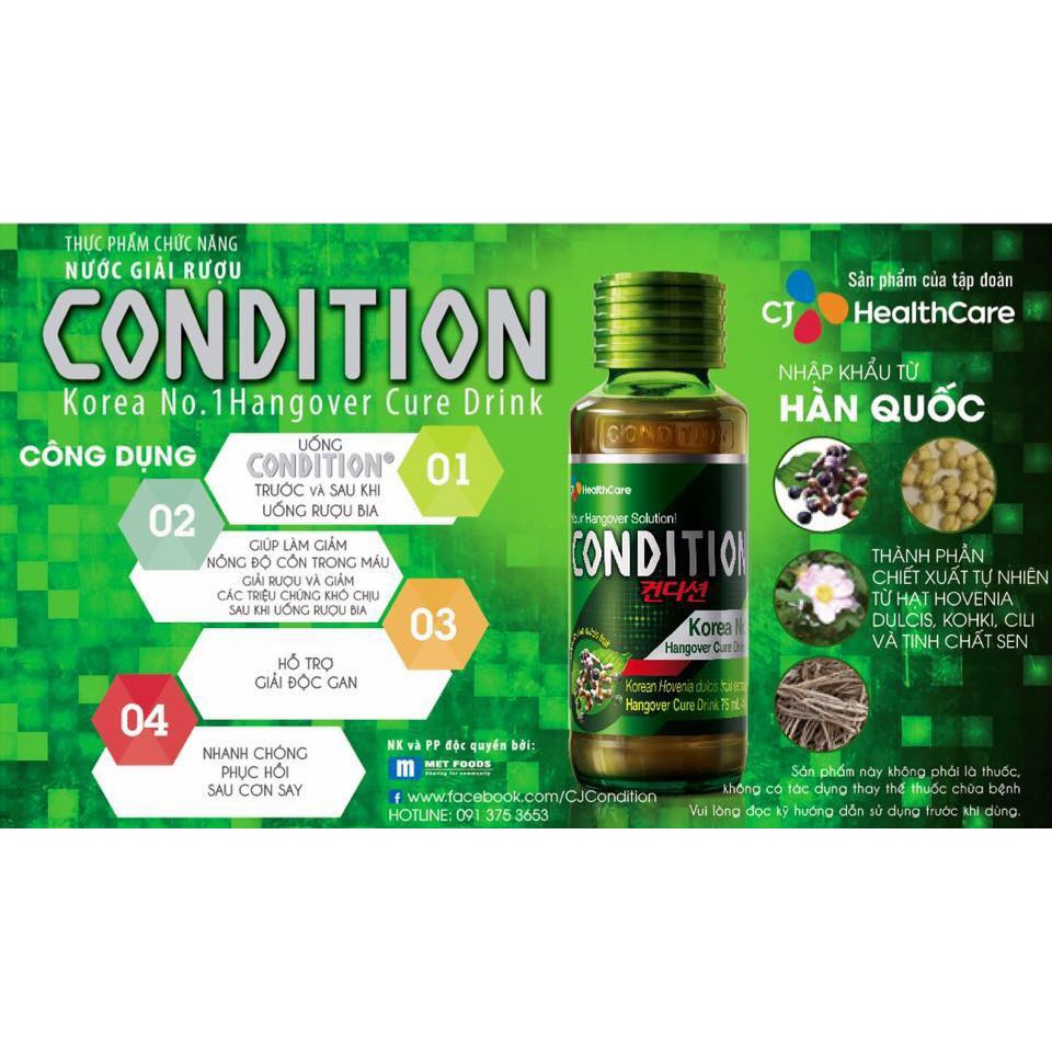 Combo Hộp 10 Chai Nước Giải Rượu,Mát Gan,Giải Độc Gan,Bảo Vệ Gan Condition 75ml