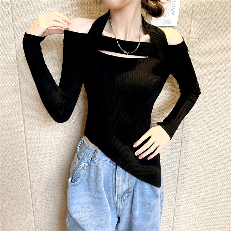 SUXI Áo croptop dệt kim tay dài hở vai ôm dáng phong cách Hàn Quốc cho nữ