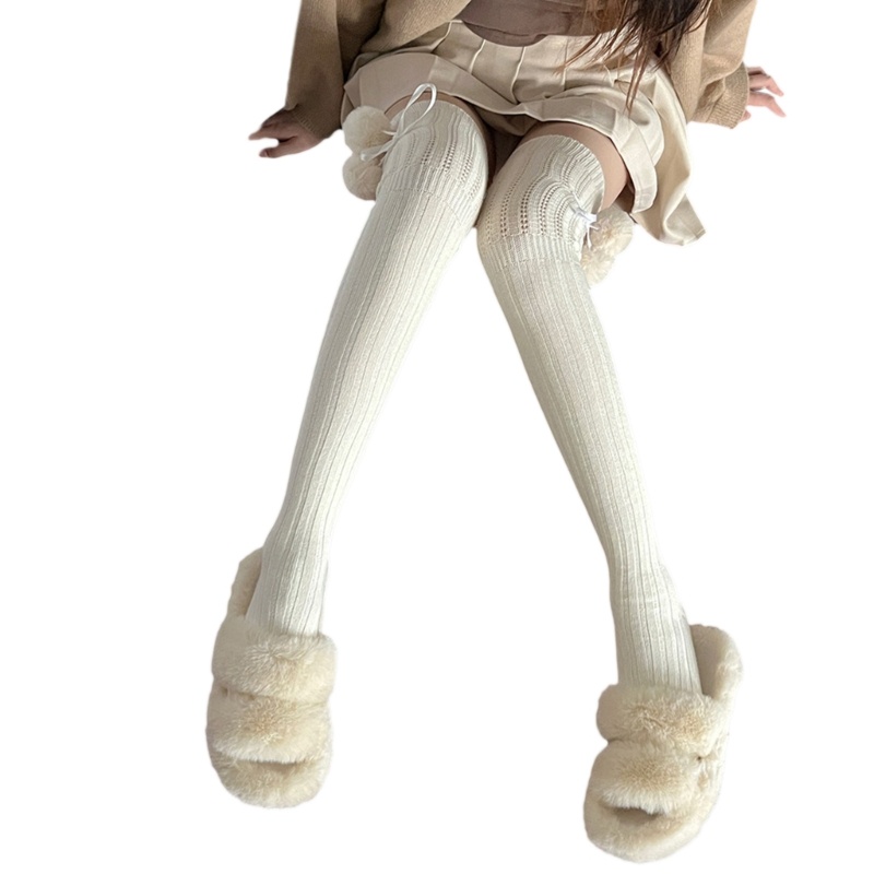 Tất Dệt Kim Cao Ngang Đùi Đính Nơ Màu Sắc Trơn Thời Trang Mùa Thu Cho Nữ