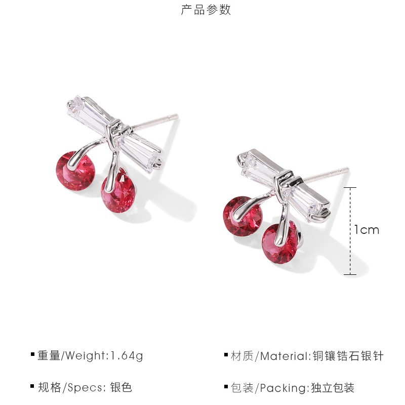 Khuyên Tai Hình Quả Cherry Đỏ Đính Đá Zircon Kiểu Hàn Quốc