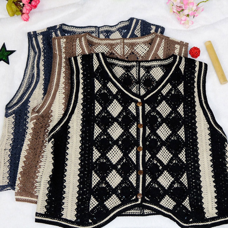 Áo Dệt Kim Sát Nách Cài Khuy In Họa Tiết Caro Trẻ Trung Cho Bạn Gái