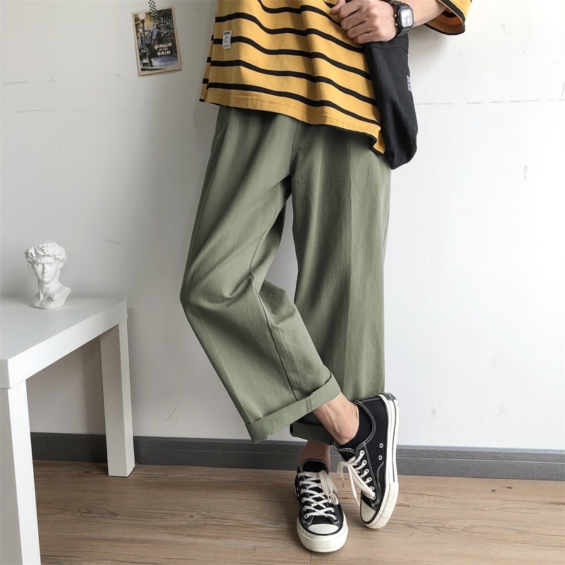 QUẦN KAKI ỐNG RỘNG 2MÀU -DÁNG SUÔNG PHONG CÁCH HÀN QUỐC-THỜI TRANG UNISEX-có size Nam Nữ dể phối đồ màu rêu,trắng