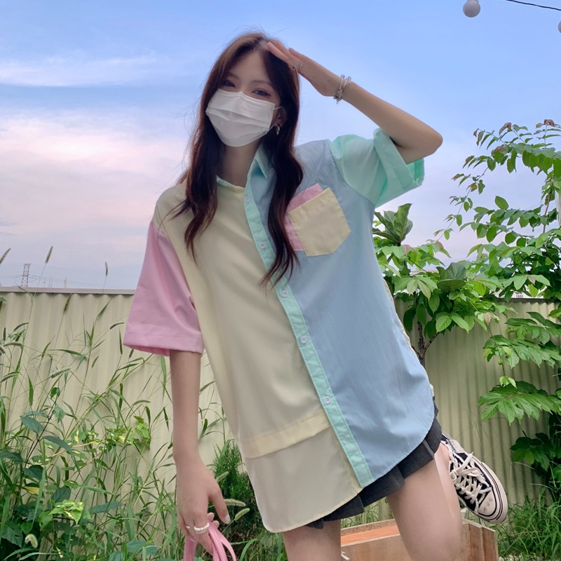 Áo sơ mi ZHELIHANGFEI tay ngắn dáng rộng màu macaron thời trang dành cho nữ