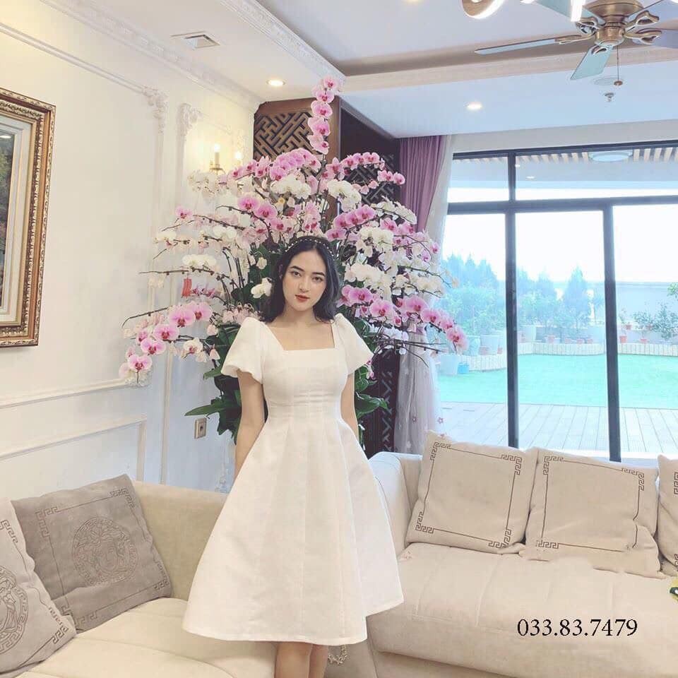 Đầm Xòe Gấm Đi Tiệc Màu Trắng Tay Phồng vải gấm cao cấp mềm mịn, ko co giãn. Đi chơi, đi tiệc đẹp và sang