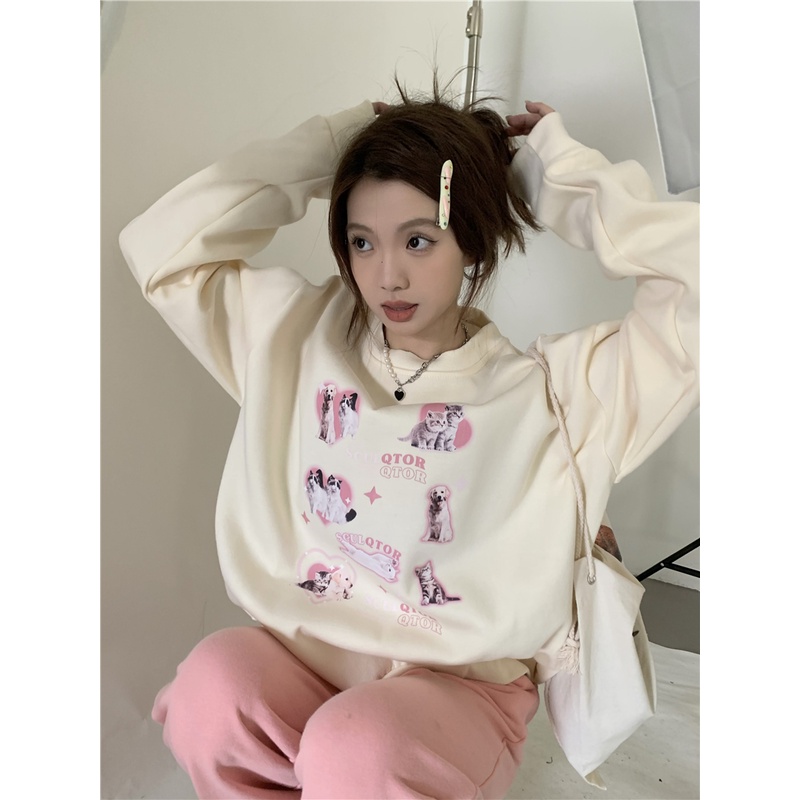 Áo Nỉ Cổ Tròn Dáng Rộng In Họa Tiết Hoạt Hình Phong Cách Hàn Quốc Cho Nữ