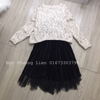 Set áo len + chân váy nhung lưới