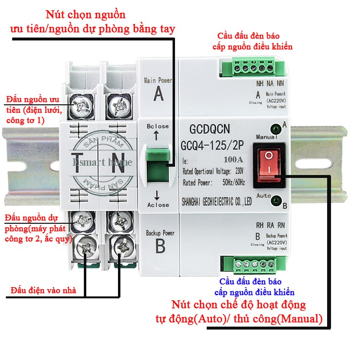 Bộ chuyển đổi nguồn điện tự động ATS 2P 100A cầu dao đảo chiều tự động không gây mất điện