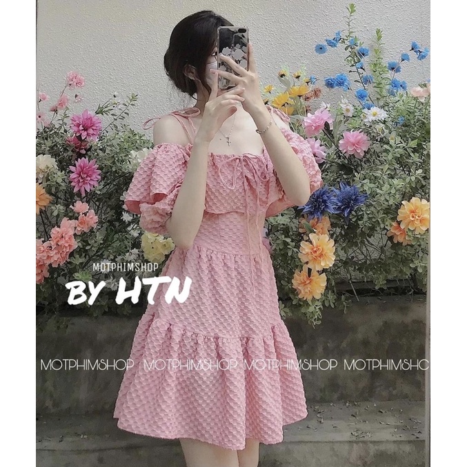 TIFFY DRESS Đầm xoè xốp hồng kem đen 2 dây thắt nơ bẹt vai tay phồng bèo tầng (ảnh thật)
