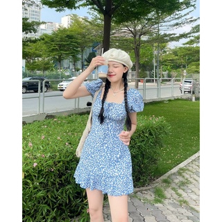 Đầm hoa xanh thắt nơ lưng