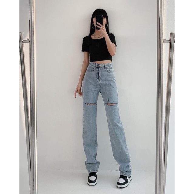 Quần Jeans Suông Xanh Nhạt Rách Đùi