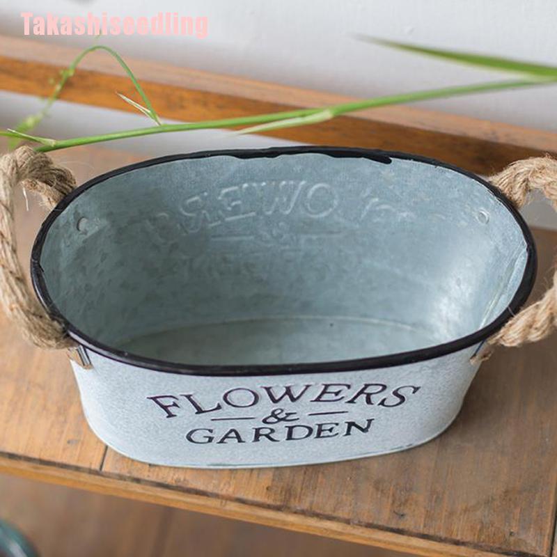 Chậu trồng cây bằng kim loại mạ kẽm có tay cầm phong cách vintage