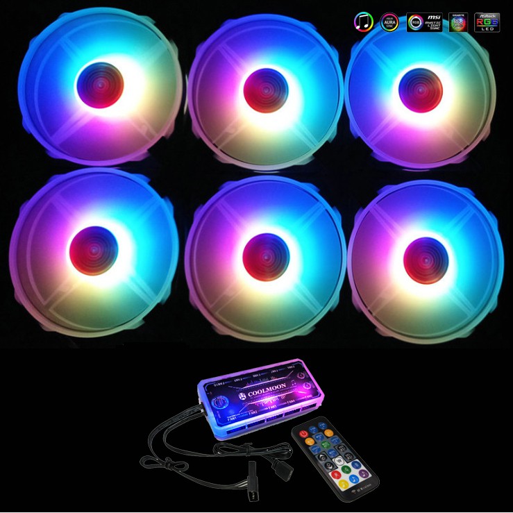 Bộ 6 Quạt Tản Nhiệt, Fan Case Coolmoon Ver 5 Led RGB Rainbow  - Kèm Bộ Hub Sync Main, Đổi Màu Theo Nhạc