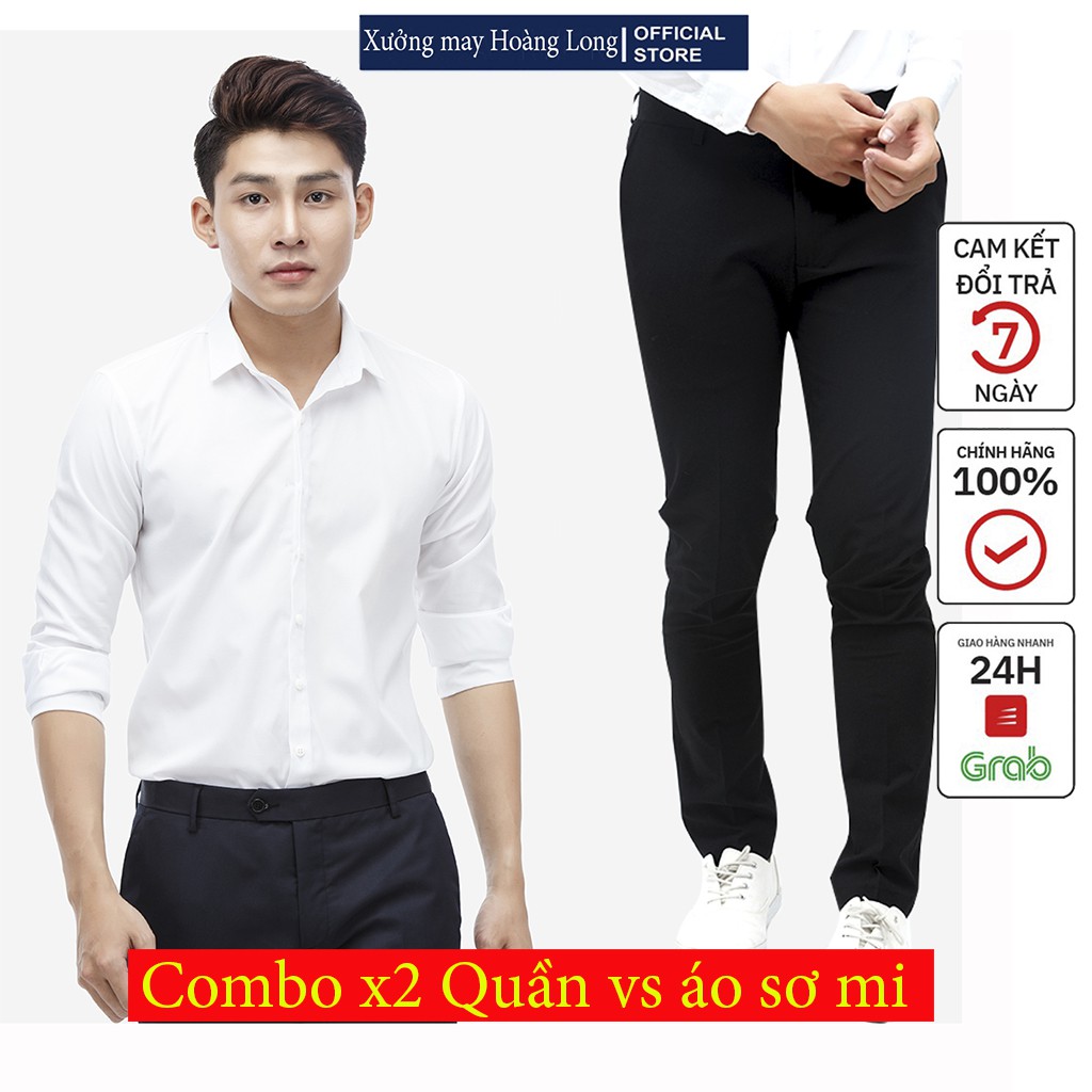 COMBO X2 - Quần tây nam màu đen kèm áo sơ mi nam dài tay màu trắng sữa