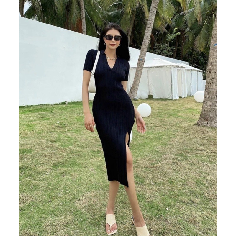 Đầm body polo midi màu nude cổ bẻ xẻ đùi (về thêm đen, trắng) | BigBuy360 - bigbuy360.vn