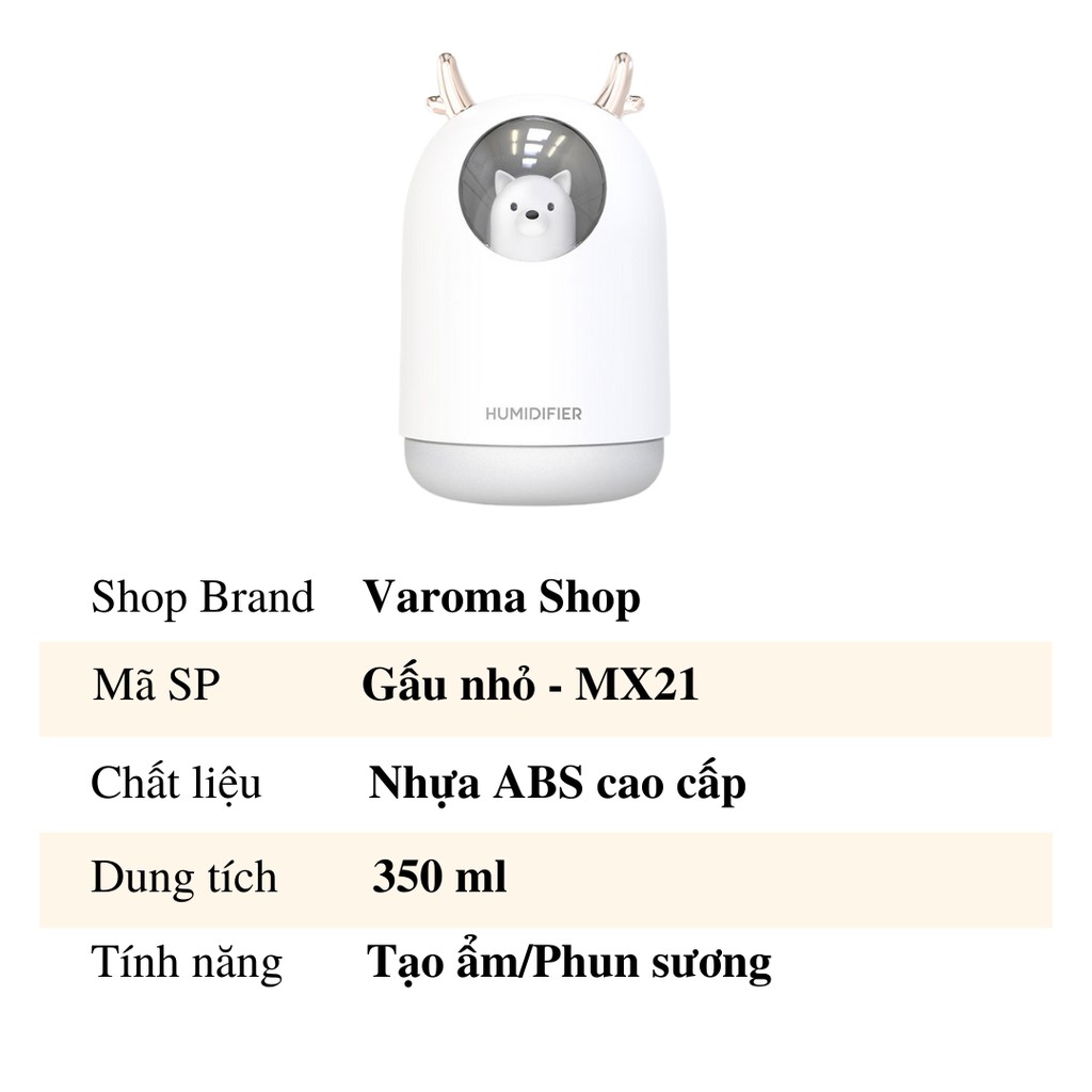 (Nhiều mẫu) Máy phun sương tạo ẩm hình thú có đèn Led phòng ngủ phòng làm việc dễ thương BH 3 tháng VAROMA MX