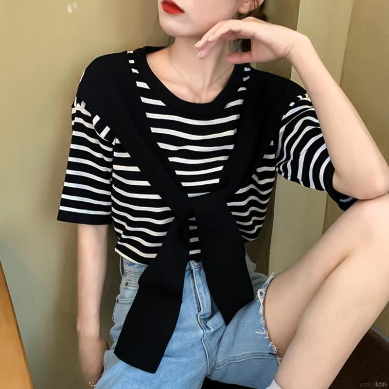 Áo Thun Nữ Tay Ngắn Kẻ Sọc Giả Hai Lớp