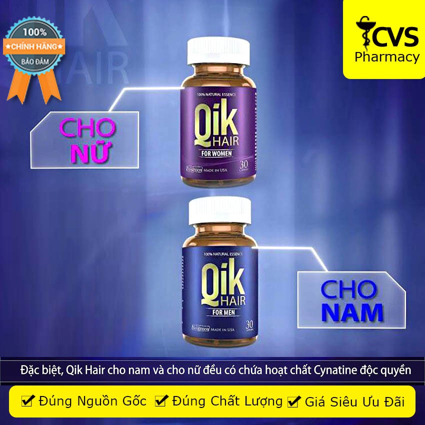 Qik Hair - Cải thiện tình trạng Rụng Tóc, Tóc Mọc Chắc khỏe Cho Nam Nữ (Lọ 30 viên)