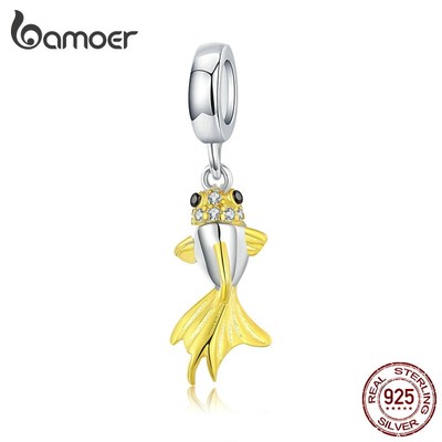 Mặt dây BAMOER BSC127 bằng bạc 925 hình cá vàng trang trí vòng tay và vòng cổ DIY