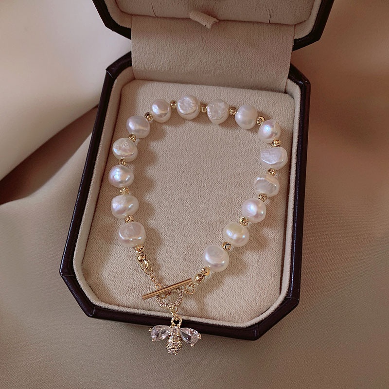 Lắc tay hạt trai nước ngọt LEMI Vòng tay con ong đính đá Zircon chốt cài ngang phong cách Vintage