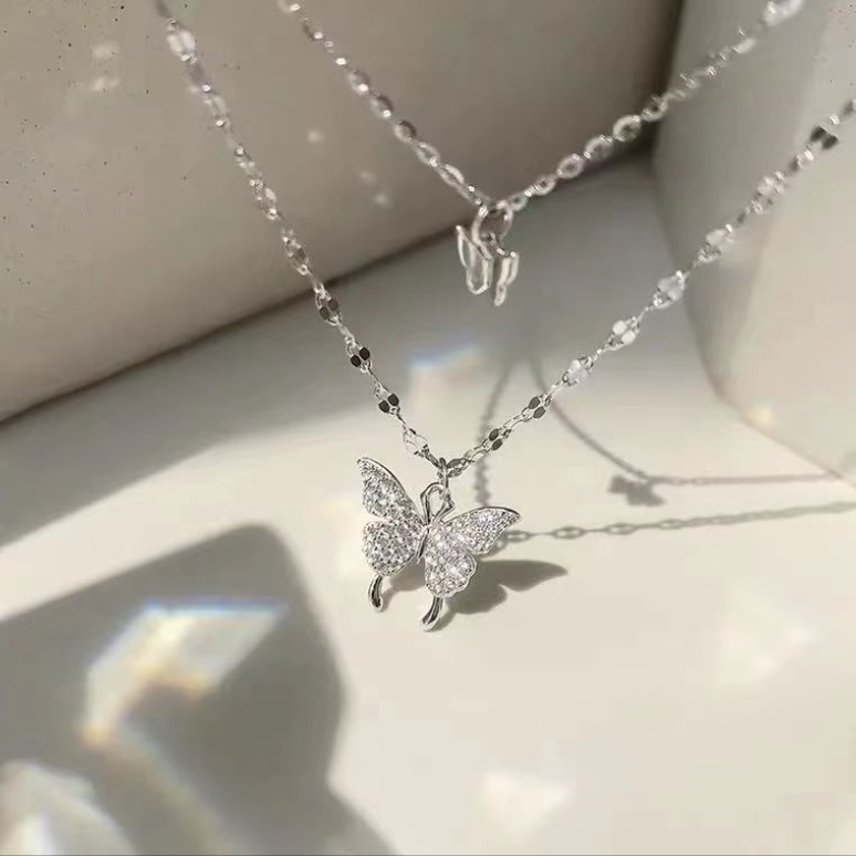 Dây Chuyền Nữ Cỏ 4 Lá Vòng Cổ Bạc 925 Hai Vòng Hình Bướm HotTrend Hàn Quốc 2021