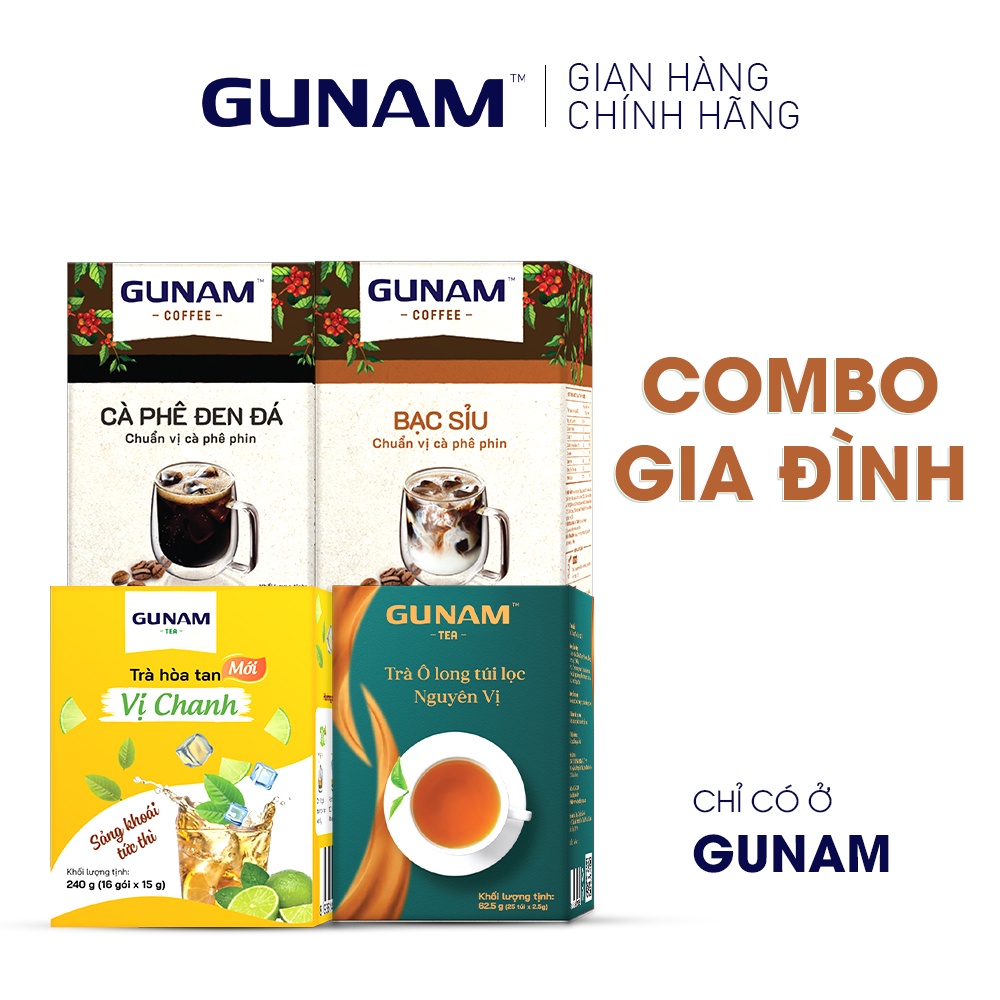 [TẶNG HỘP LOCK&amp;LOCK] Combo Gia đình GUNAM (Cà phê hòa tan đen đá + Cà phê Bạc sỉu thơm béo + Trà chanh + Trà Olong)
