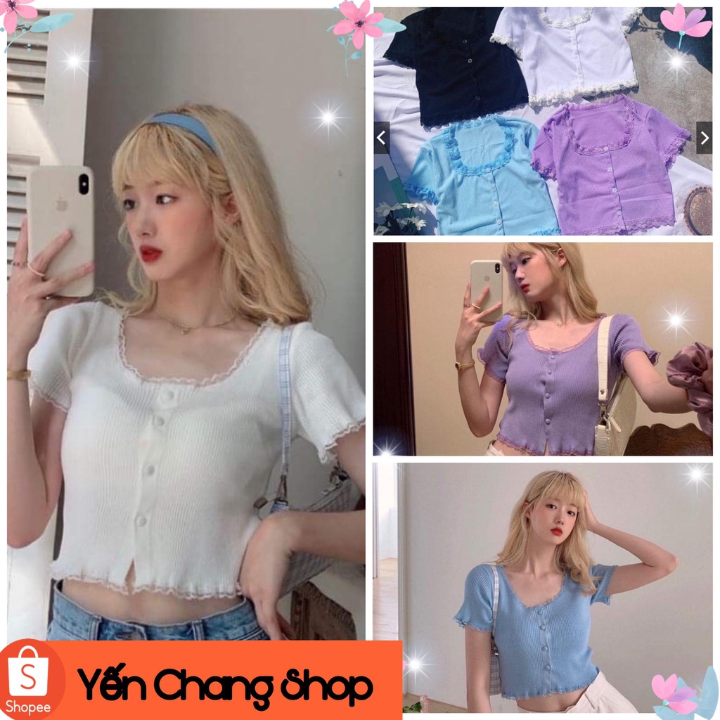 Áo croptop nữ tay ngắn viền ren phối nút cực xinh,Áo croptop nữ chất len tăm co dãn phong cách Hàn Quốc