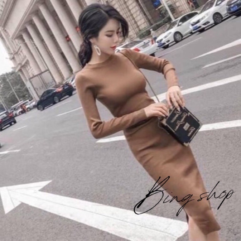 Đầm body nữ Bingshop - váy body len tăm dài tay cổ tròn xẻ tà form ôm vải giãn freeship - HÀNG MỚI VỀ