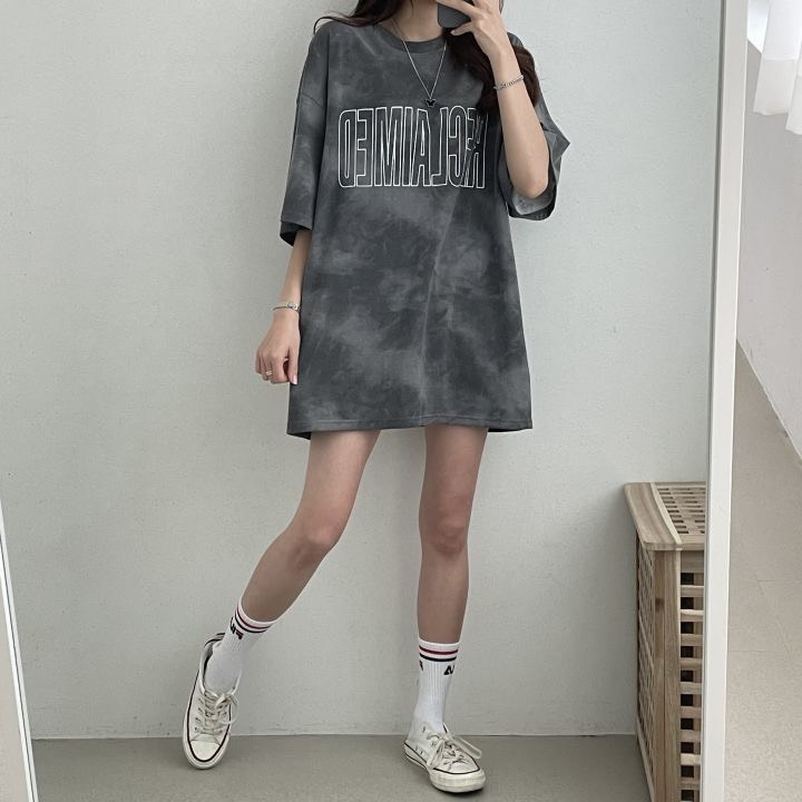 Ao thun tay lỡ form rộng dàng dài trùm mông loang xám cực chất