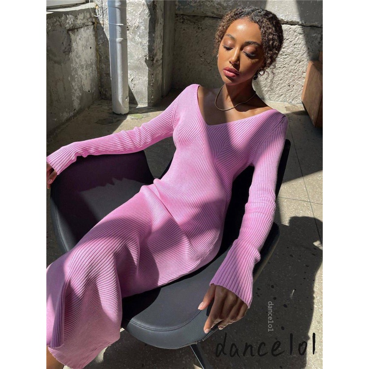 Đầm Dự TiệC Cổ Chữ V Tay DàI MàU Trơn Cho Nữ 1O1