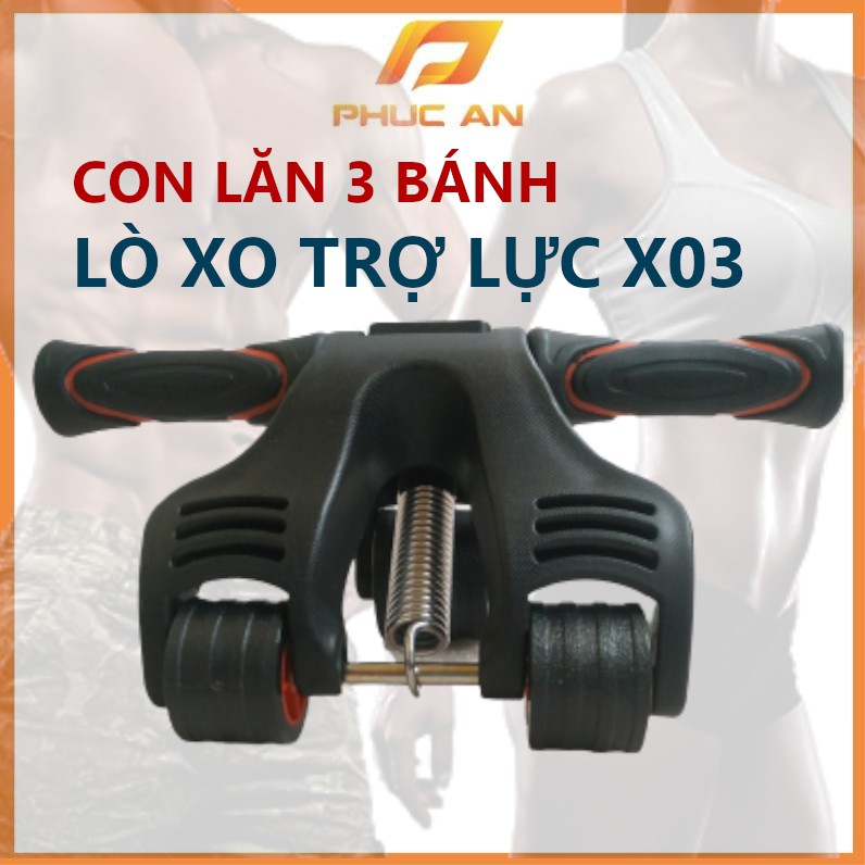 Con Lăn Tập Bụng X03 Trợ Lực Lò Xo Inox Cao Cấp - Dụng Cụ Tập Cơ Bụng 3 Bánh Tiêu Chuẩn Tập Thể Hình Thon Gọn