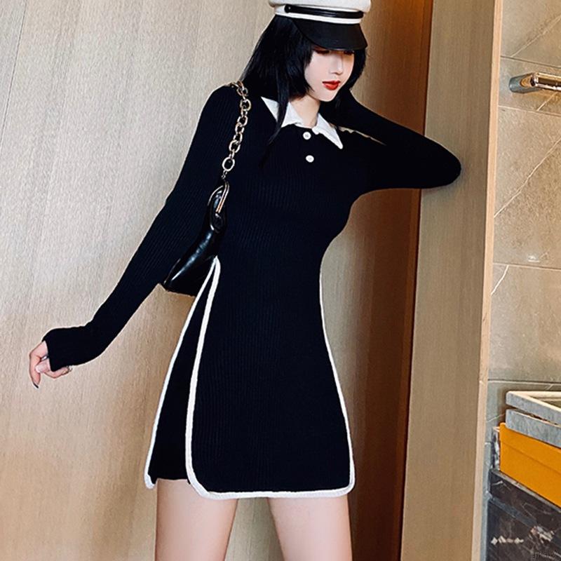 Đầm tay dài dáng ôm thiết kế phối màu theo phong cách hàn quốc