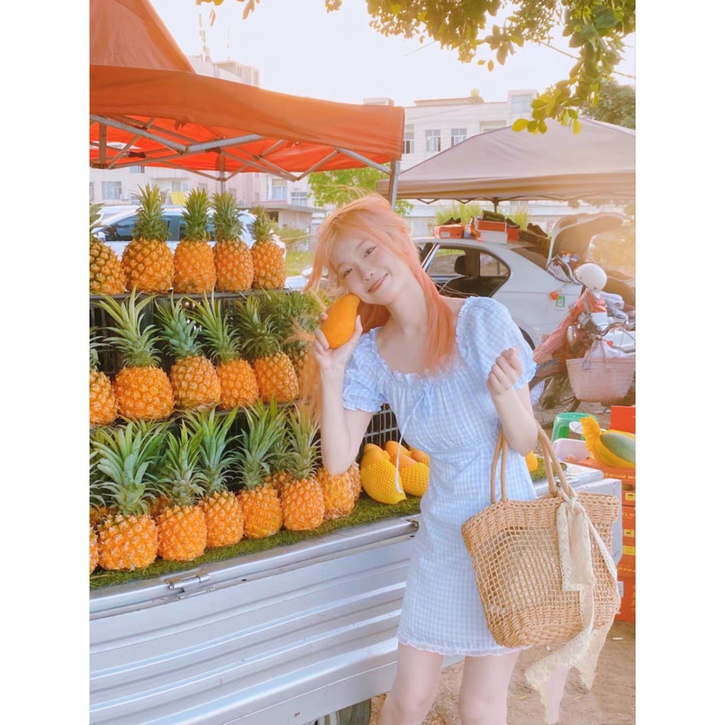 Đầm Caro Dự Tiệc Nhíu Viền Ren Ngực Đầm Nữ Tay Ngắn Họa Tiết Caro Phong Cách [ĐẦM CARO NHÍU VIỀN REN NGỰC] | BigBuy360 - bigbuy360.vn