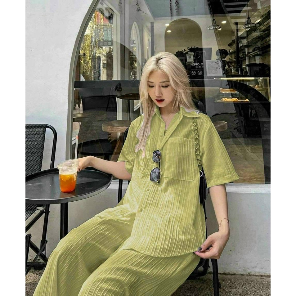 (Miễn Phí Ship 2022) Sét đồ bộ nữ,bộ from rộng áo sơ mi tay ngắn mix quần ống rộng có túi,chất xô gân cao cấp chuẩn from