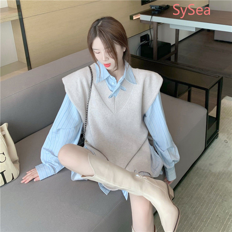 Set Áo Sơ Mi Dài Tay + Áo Khoác Len Không Tay Thời Trang Dành Cho Nữ | BigBuy360 - bigbuy360.vn