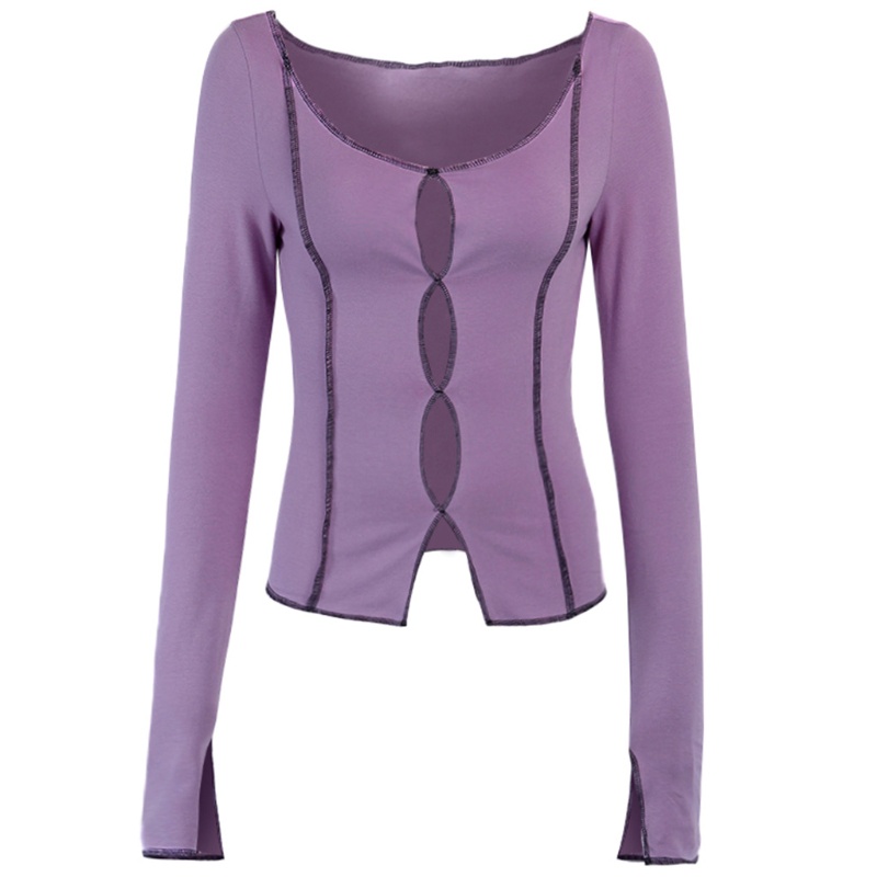 Mary Women Autumn Long Sleeve Off Shoulder T-Shirt Sexy Hollow Out Slit Hem Solid Color Crop Top Casual Slim Fit Cover U