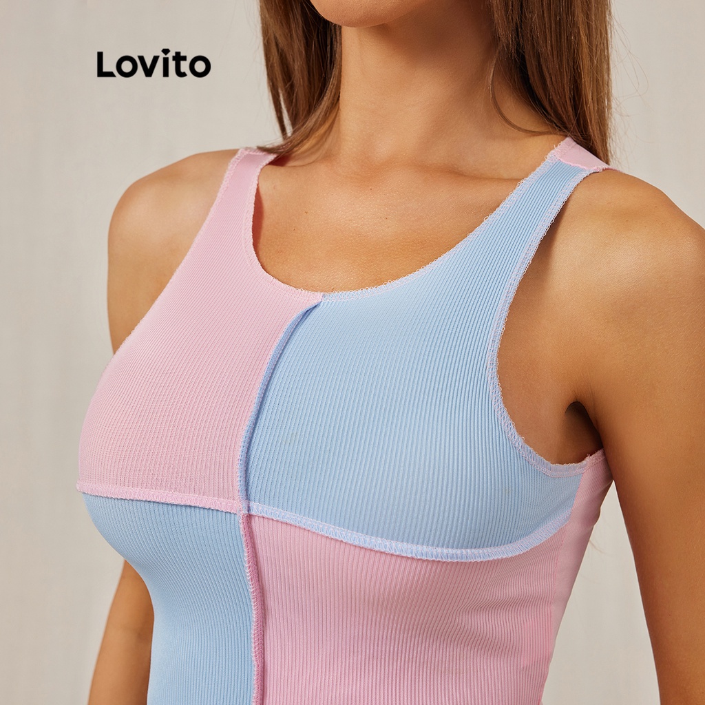 Áo sát nách Lovito ghép nối màu sắc cổ tròn màu trơn thường ngày L18D031 (Màu hồng)